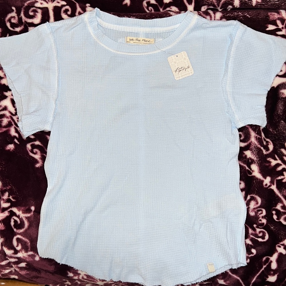 NWT- FREE PEOPLE Waffle Knit Top in Neon Sky Blue